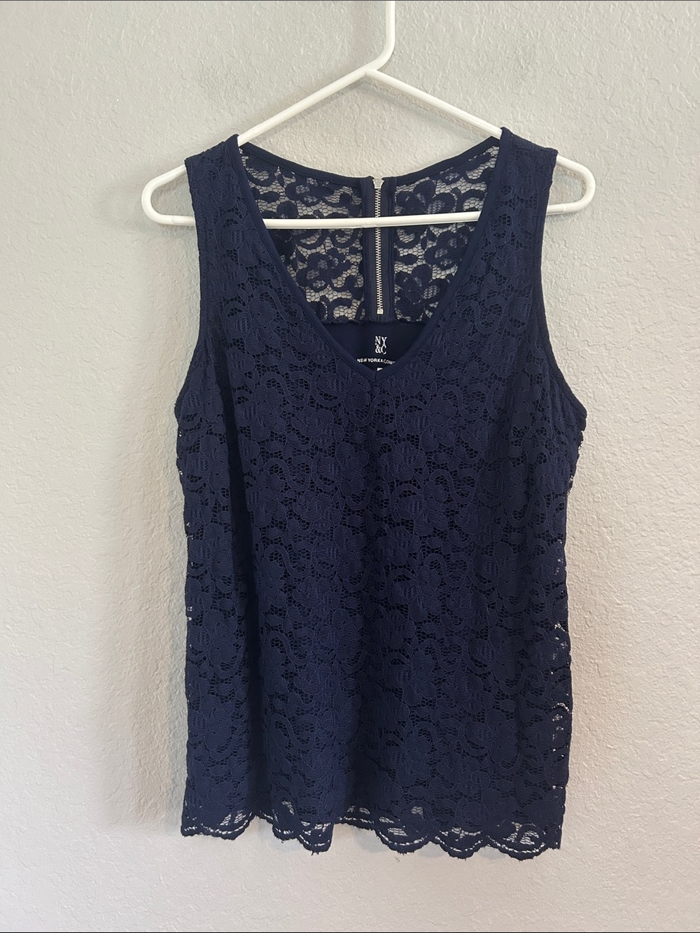 New York & Company Navy Lace V-Neck Tank Top